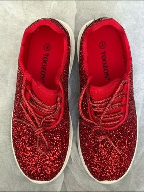 Kids' Red Glitter Slip-On Lace Up Look Sneakers. By Toozon. Size 4